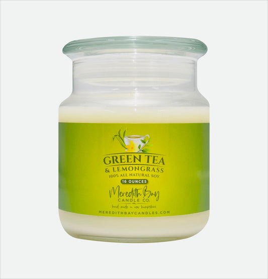 Green Tea and Lemongrass Soy Candle Meredith Bay Candle Co 16 Oz