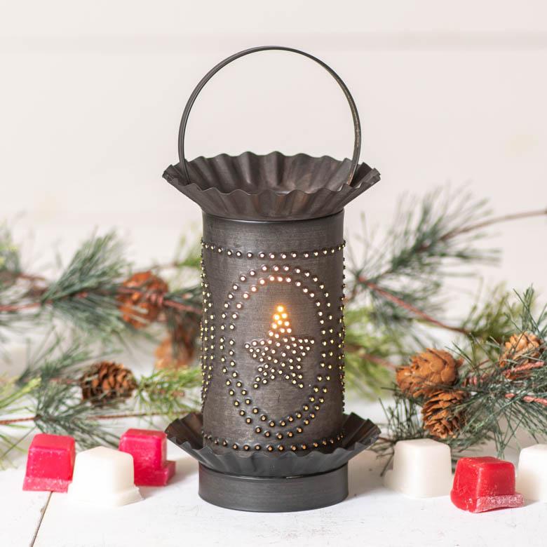 Mini Wax Warmer with Star Oval Design in Kettle Black Punched Tin Wax Warmer Irvins Tinware