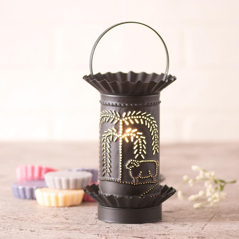 Mini Wax Warmer with Willow and Sheep in Kettle Black Punched Tin Wax Warmer Irvins Tinware