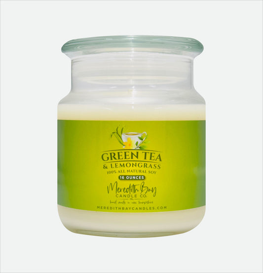Green Tea and Lemongrass Soy Candle Meredith Bay Candle Co 16 Oz 