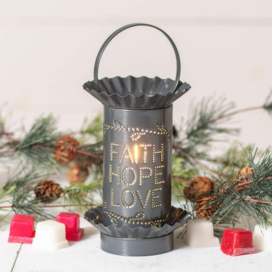 Mini Wax Warmer with Vertical Faith Hope Love in Country Tin Wax Warmer Irvins Tinware 