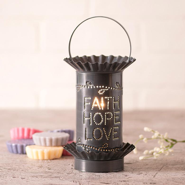Mini Wax Warmer with Vertical Faith Hope Love in Country Tin Wax Warmer Irvins Tinware 