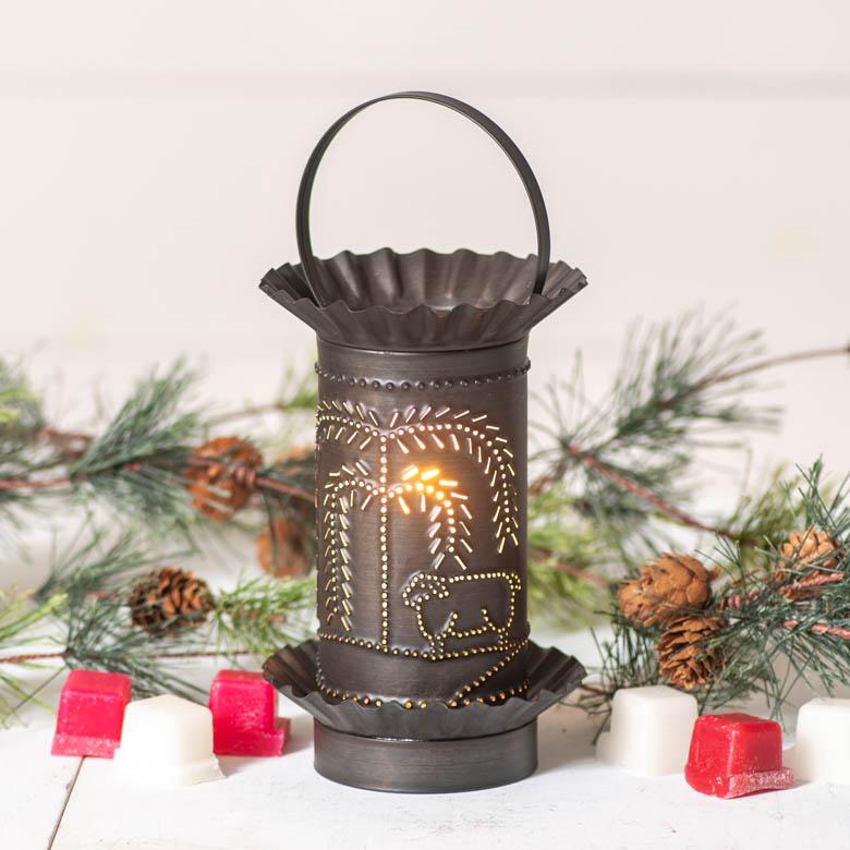 Mini Wax Warmer with Willow and Sheep in Kettle Black Punched Tin Wax Warmer Irvins Tinware 